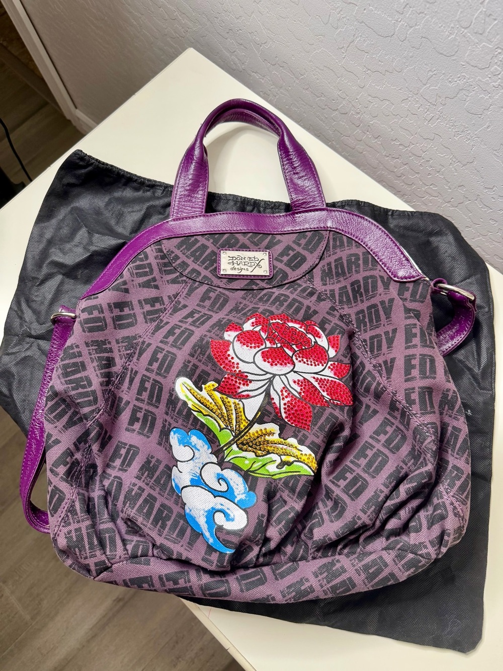 Ed Hardy Purple Floral Logo Tote with Red Blossom